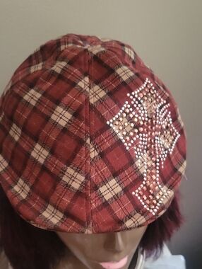 Women’s Plaid Beanie Hat with Rhinestone Cross - Burgundy